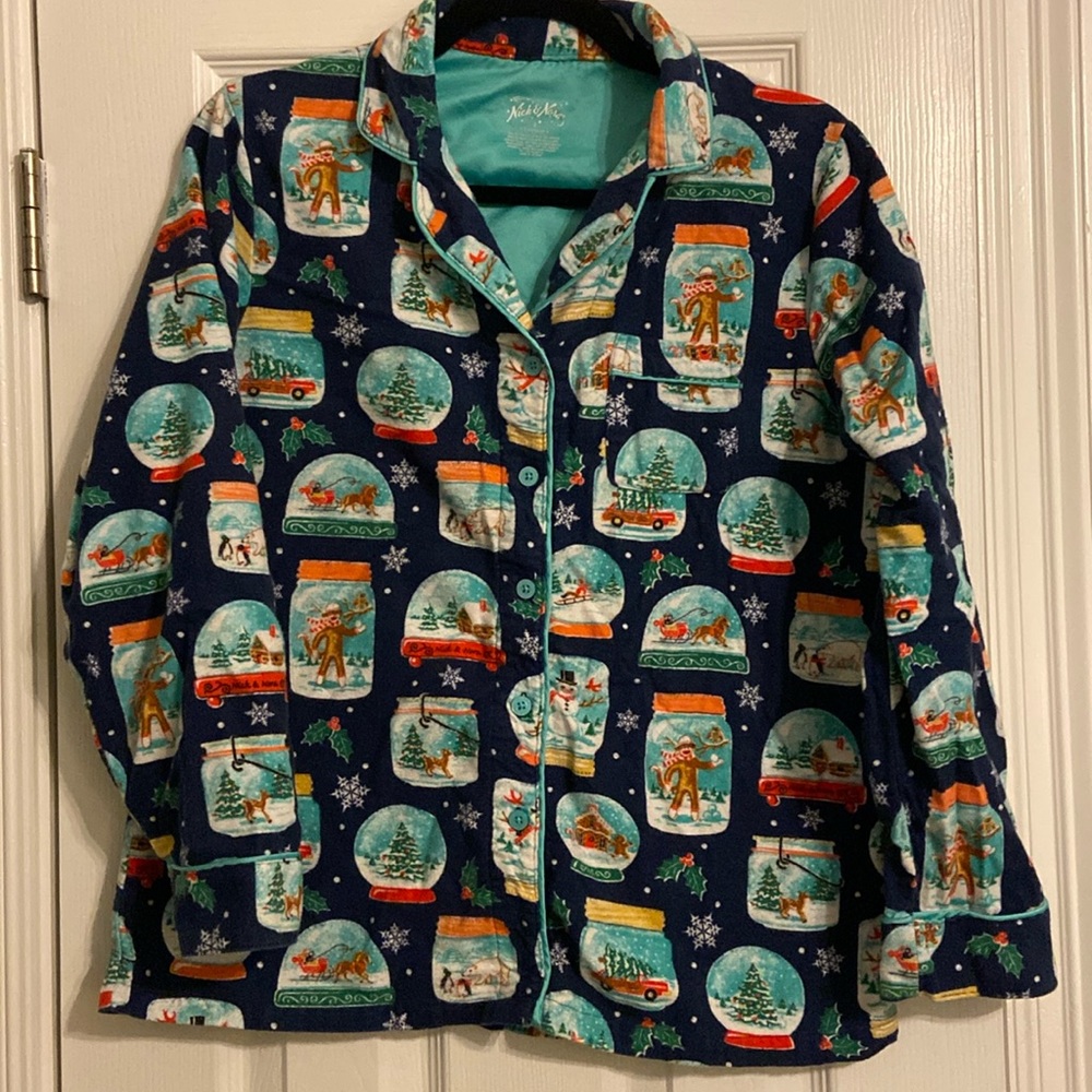 Nick & Nora Sock Monkey Snow globe Christmas pajama set flannel EUC